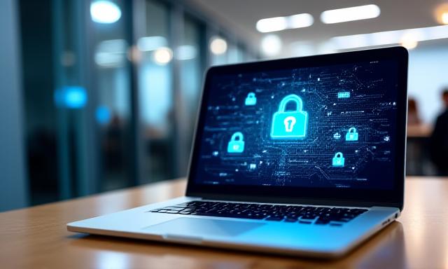 A modern laptop screen displaying binary code and a digital safety lock icon